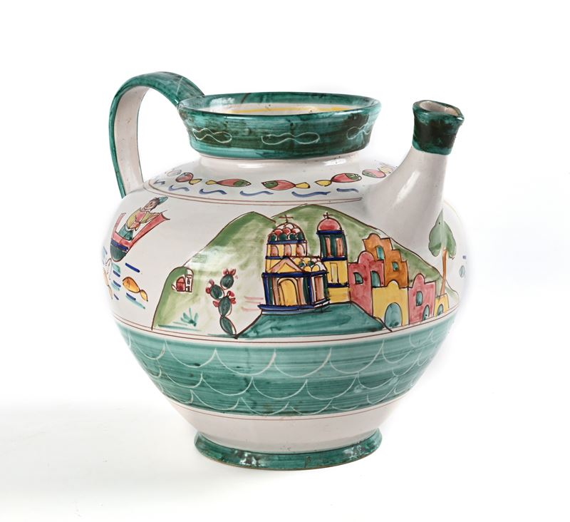 Grande versatoio in ceramica smaltata policroma, manifattura Pinto Vietri sul Mare