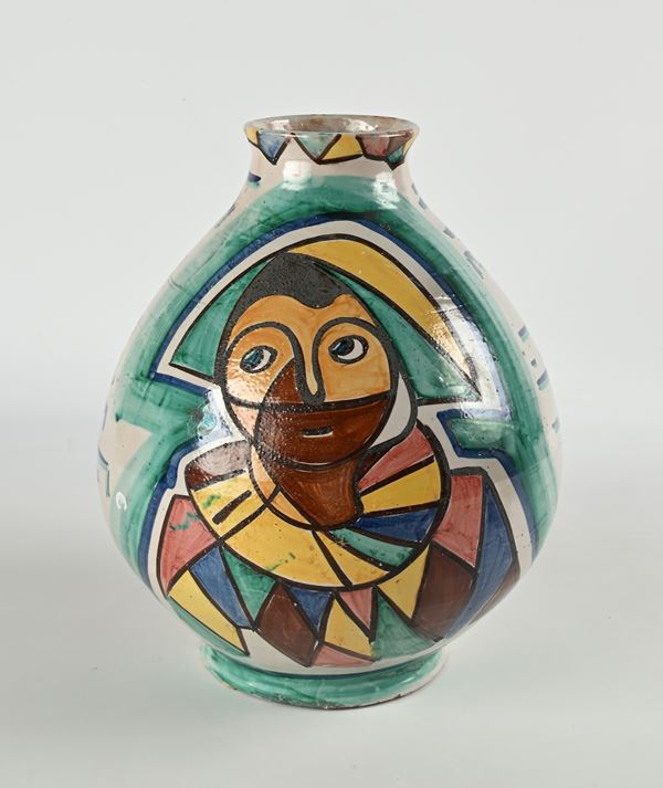 Vincenzo Pinto - Arlecchino, Grande vaso in ceramica policroma smaltata