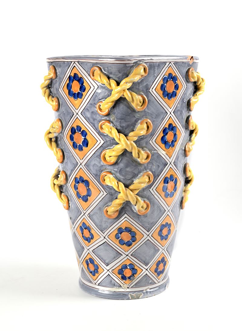 Vaso Portaombrelli in Ceramica Smaltata e Dipinta, Manifattura Pinto Vietri sul Mare