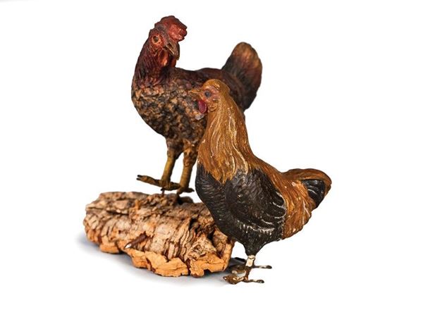 DUE GALLINE IN TERRACOTTA POLICROMA