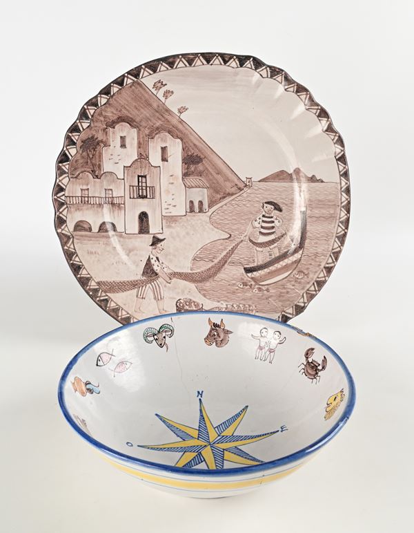 Lotto di un piatto ed una ciotola in ceramica smaltata dipinta