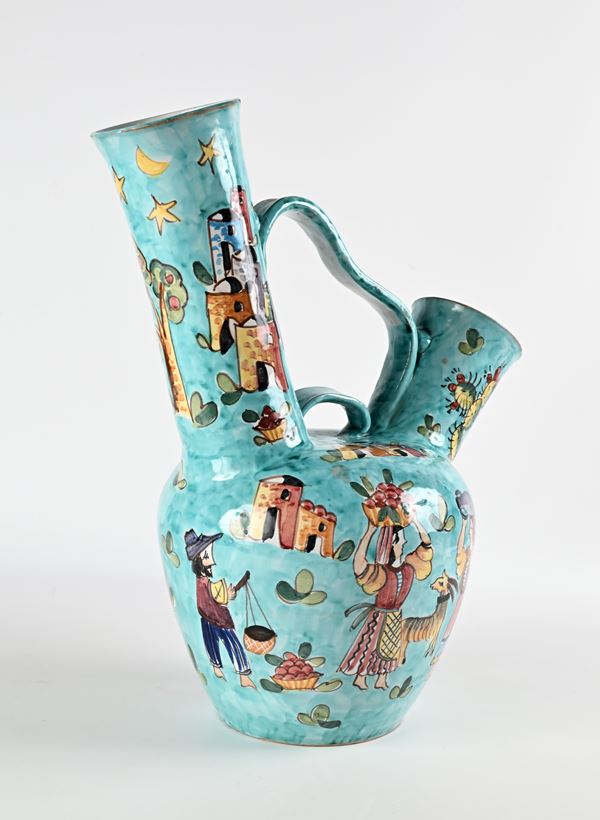 Grande vaso versatoio in ceramica smaltata dipinta, manifattura Avallone, Vietri sul Mare