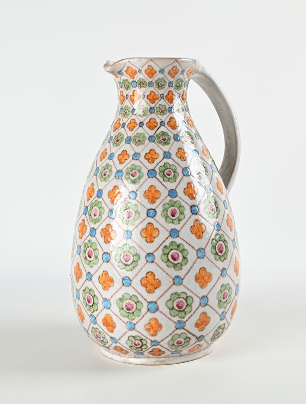 Grande vaso versatoio in ceramica smaltata dipinta, manifattura Pinto, Vietri sul Mare