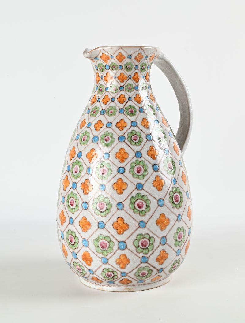 Grande vaso versatoio in ceramica smaltata dipinta, manifattura Pinto, Vietri sul Mare