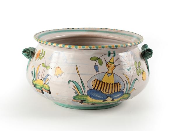 Grande recipiente in ceramica dipinta smaltata