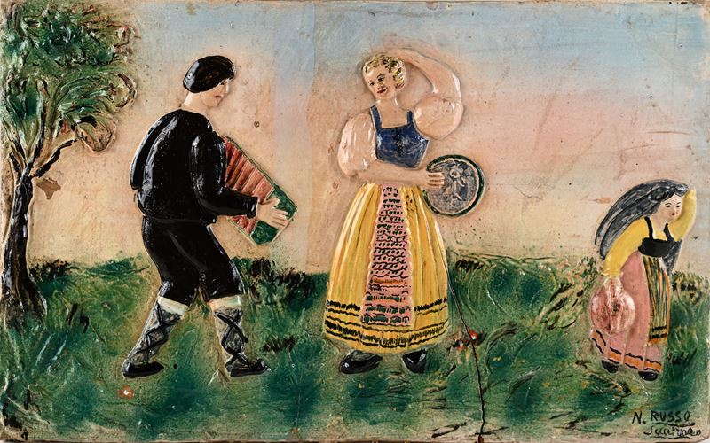 Bassorilievo in ceramica smaltata policroma