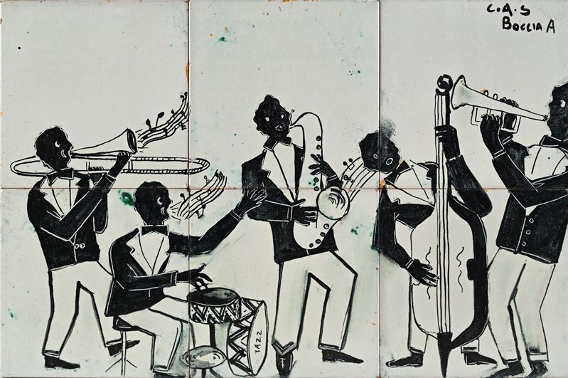 C.a.s. Vietri - Boccia A., Il Jazz - pannello di 6 piastrelle in ceramica maiolicata