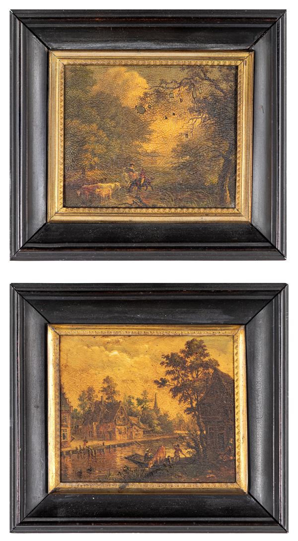 Scuola francese del XIX secolo - Coppia di piccoli paesaggi su metallo