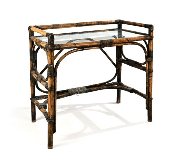 Scrittoio in bambù e vimini e piano in cristallo