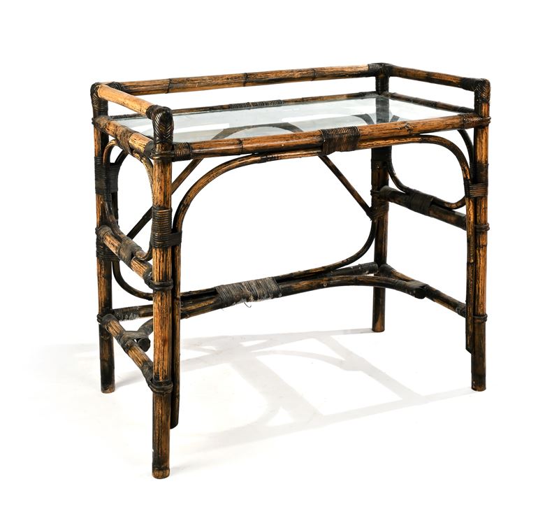 Scrittoio in bambù e vimini e piano in cristallo