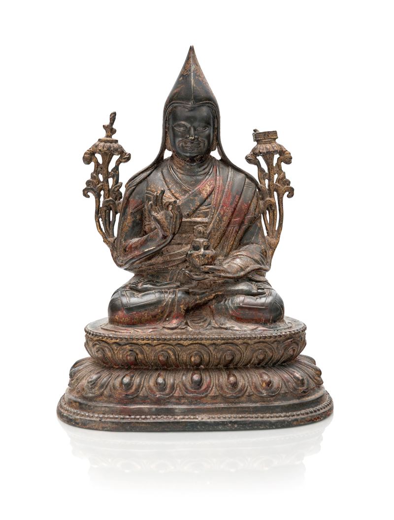 Figura di Lama Tsongkhapa in bronzo, Tibet, XIX secolo