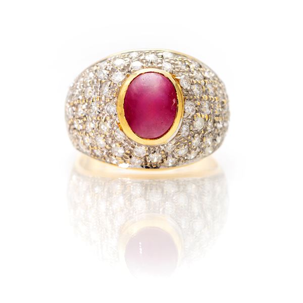 Anello a fascia in oro, rubino e brillanti