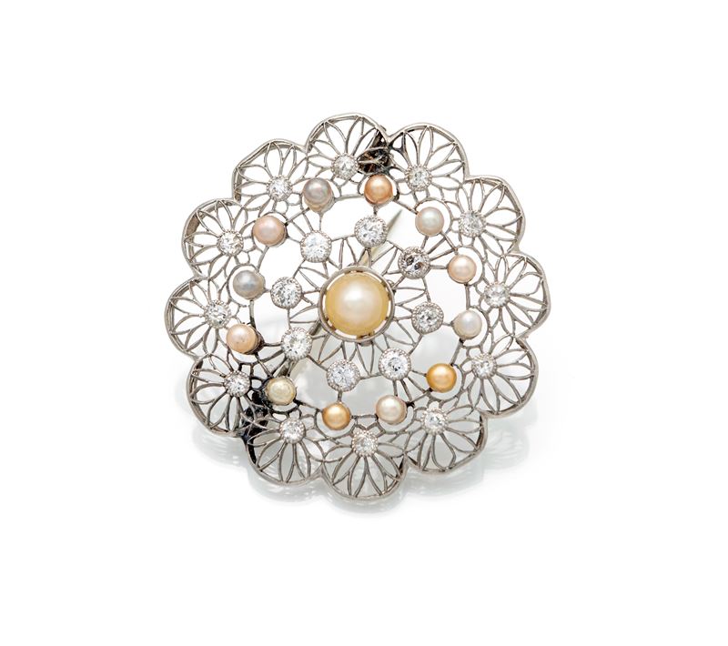 Spilla art nouveau in oro, perle e diamanti