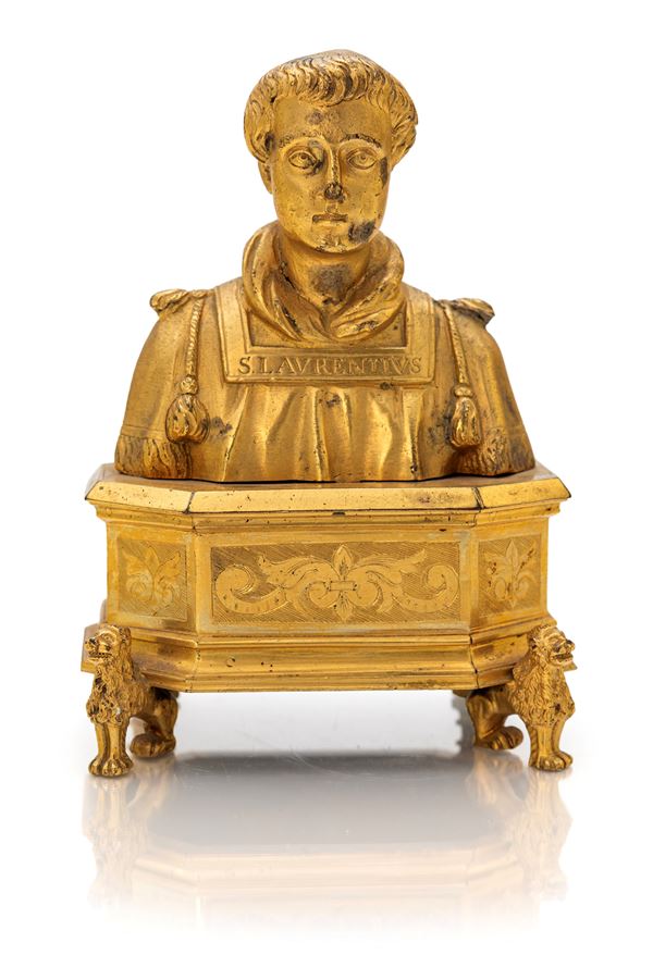 Piccolo busto reliquiario di San Lorenzo in bronzo dorato, XVII secolo