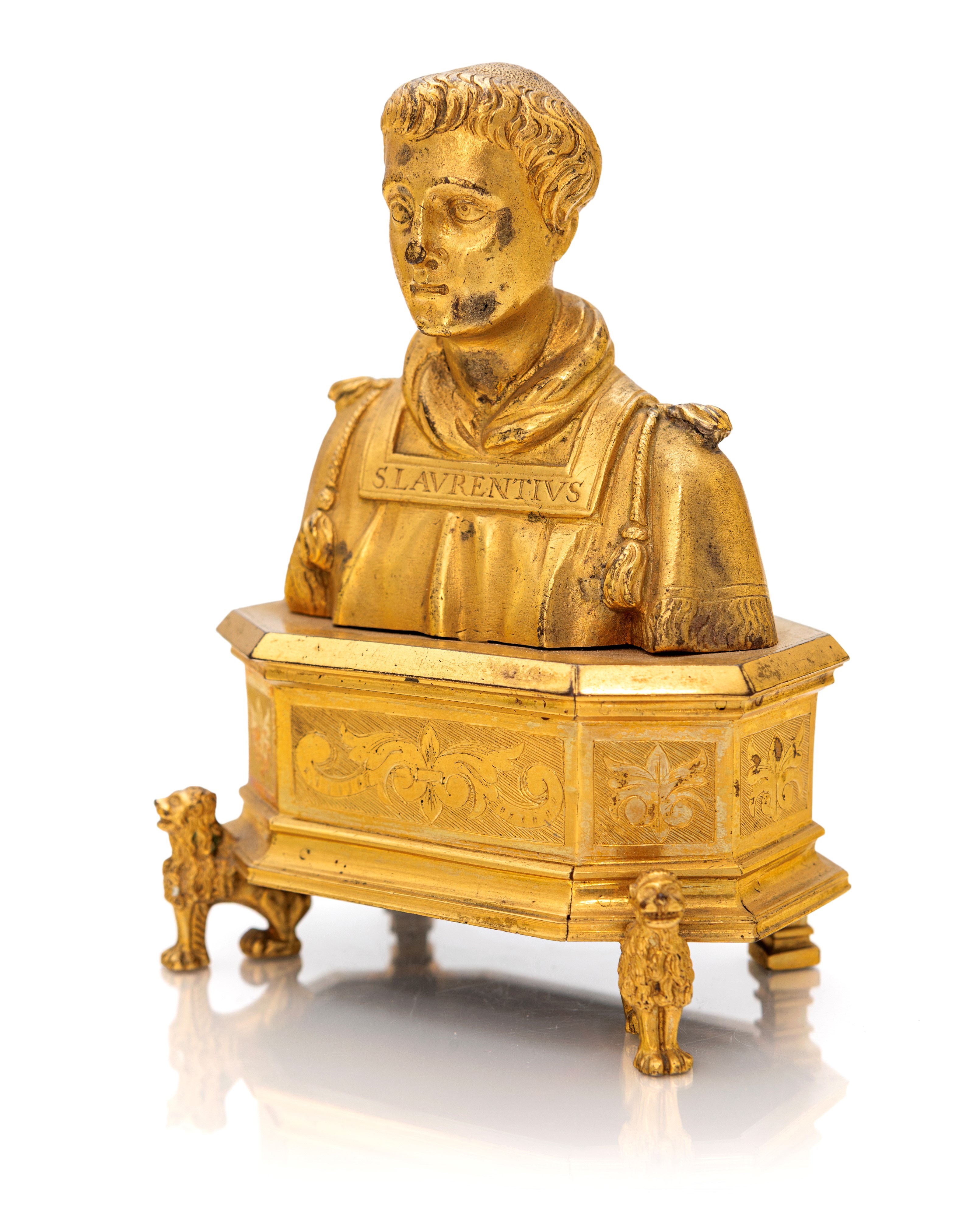 Piccolo busto reliquiario di San Lorenzo in bronzo dorato, XVII secolo