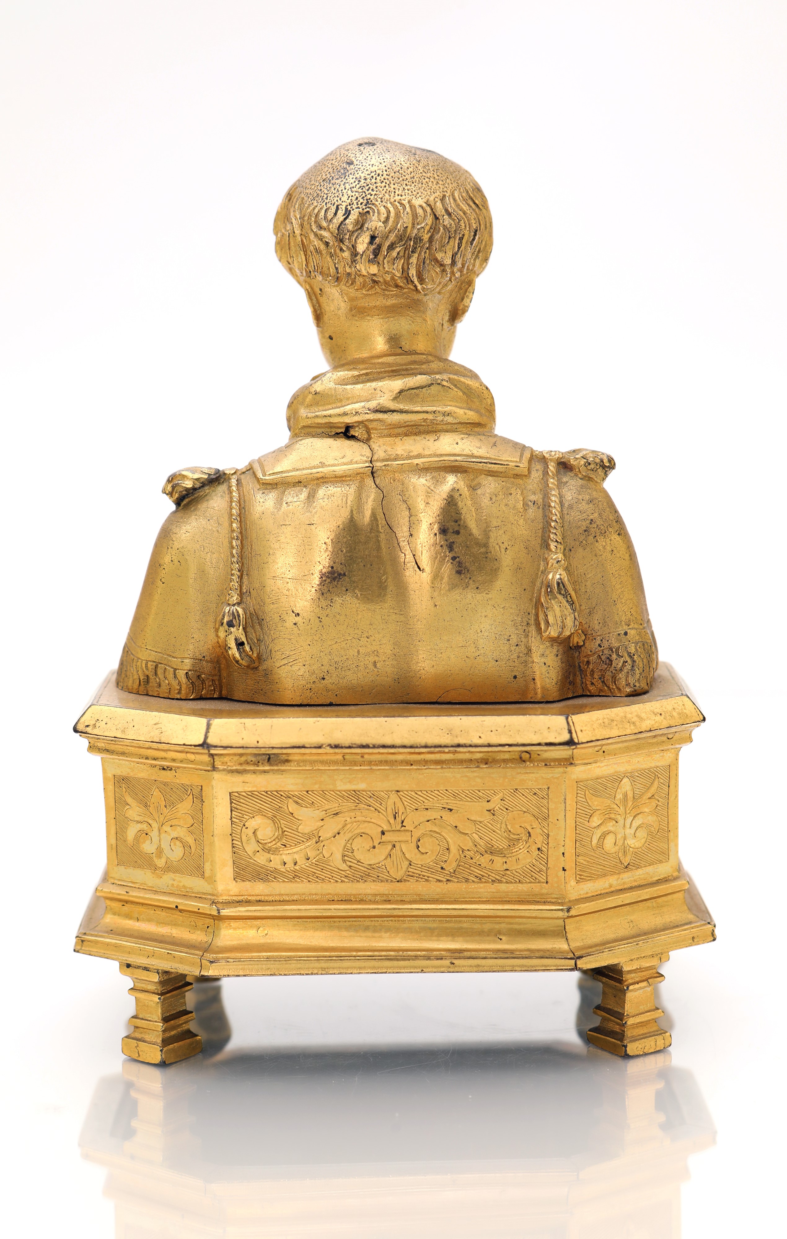 Piccolo busto reliquiario di San Lorenzo in bronzo dorato, XVII secolo