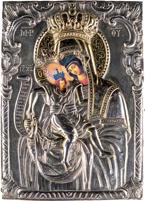 Icona con riza in lamina di metallo sbalzato e argentato, cesellato e parzialmente dorato  - Auction Time Auction - Antiques: Furniture, Accessories and Porcelain - Casa d'Aste Arcadia