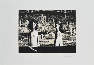 Due donne con veduta di Firenze, acquaforte