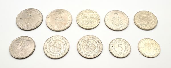 Lotto di 10 monete in argento: India, Bermuda, Svezia, Cecoslovacchia, Germania, Finlandia e Messico