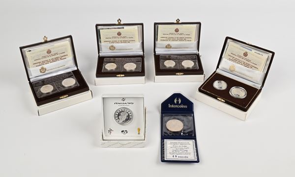 Lotto 4 dittici 500 e 1.000 Lire 1986 FDC (2), 1987 FDC, 1988 Proof San Marino; Medaglia Italia '90; 5 ECU 1987 Belgio