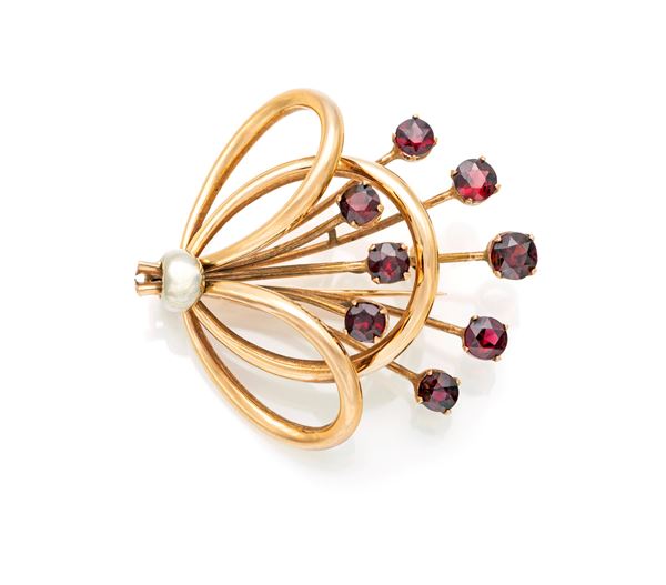 Spilla a ramo in oro e granati