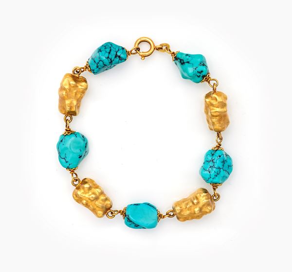 Bracciale a pepite in oro e turchese