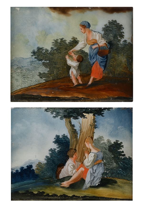 Scuola napoletana del XVIII secolo - a) Madre con figlio, b) Coppia di innamorati