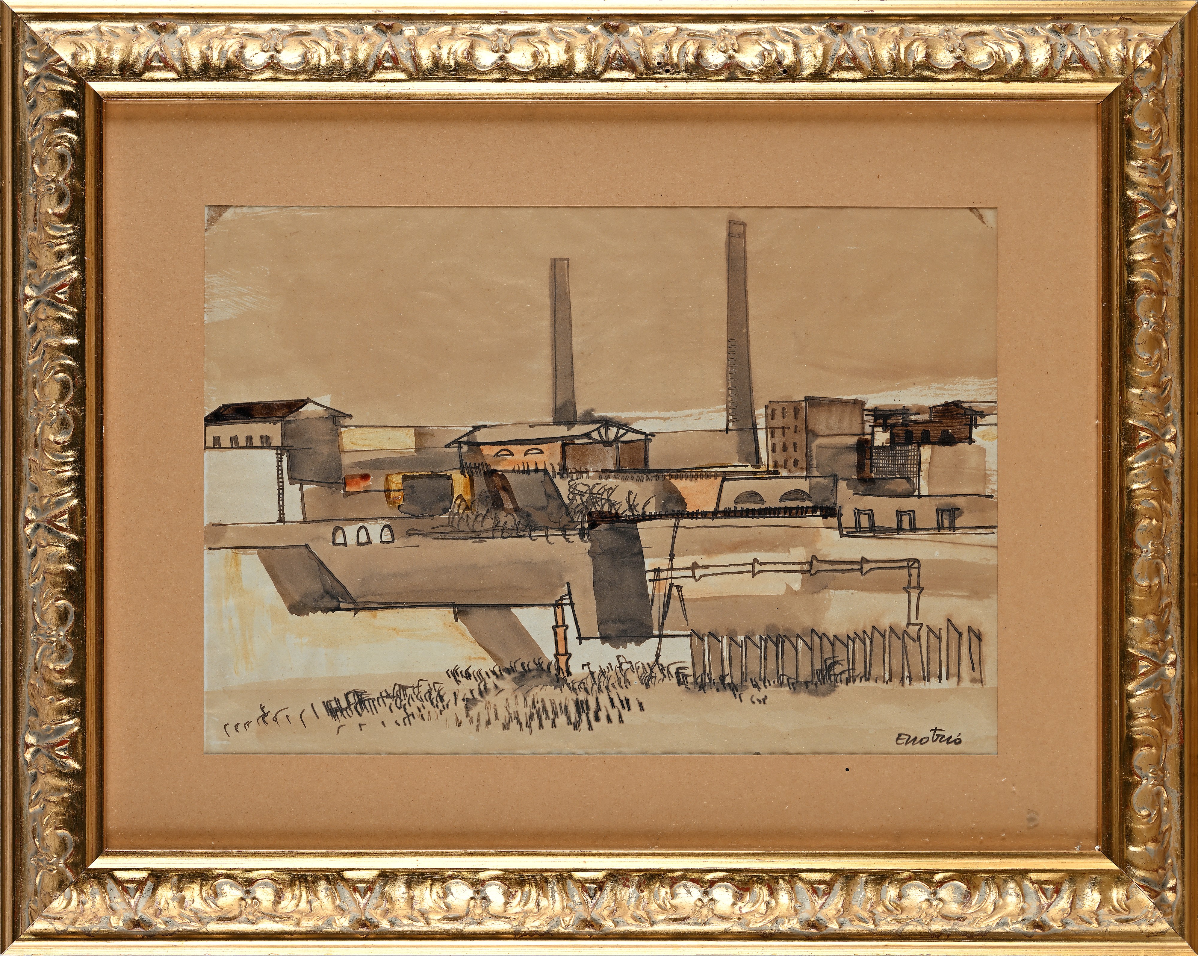 Enotrio Pugliese - Paesaggio industriale, inchiostro e acquarello su carta