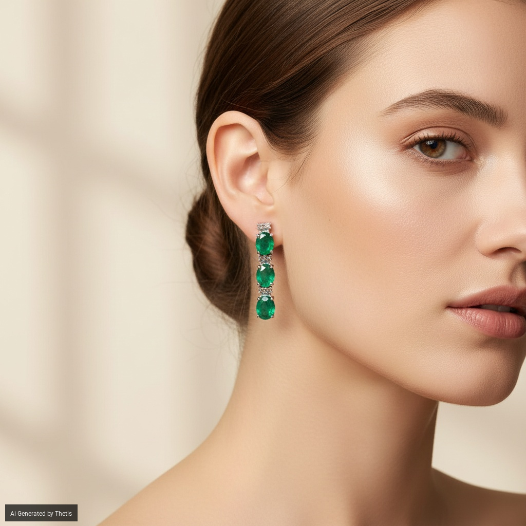 Coppia di orecchini pendenti in oro, smeraldi e brillanti