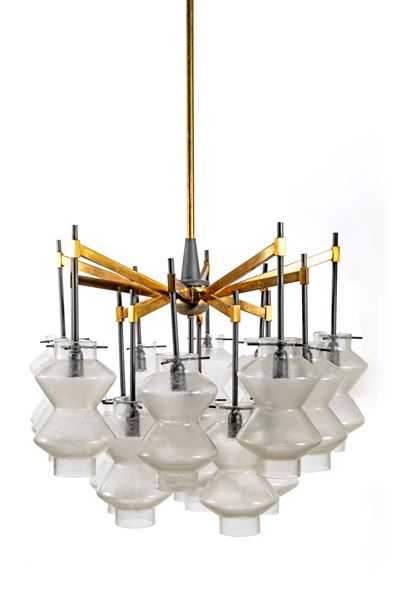 Lampadario da soffitto a tredici luci, manifattura italiana, anni '60, struttura in metallo lacca...