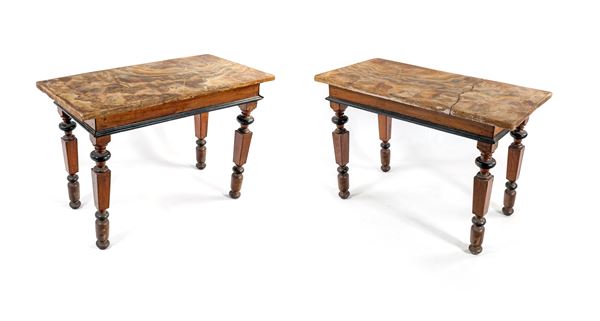 Coppia di piani in alabastro appaiati a tavoli da muro, XVII/XIX secolo