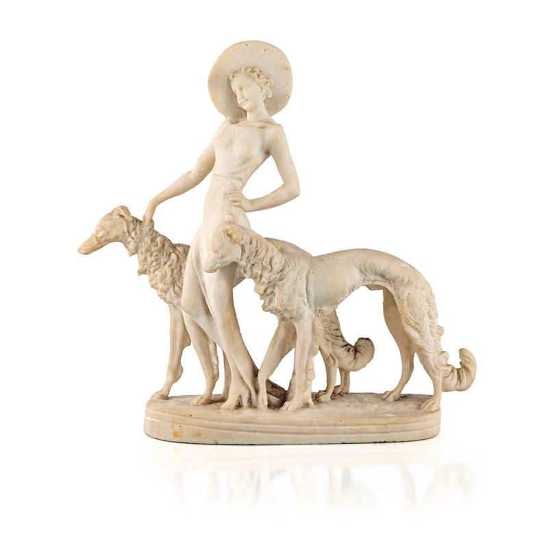 Gruppo in alabastro raffigurante "Sultana", una giovane donna con cappello e cani levrieri