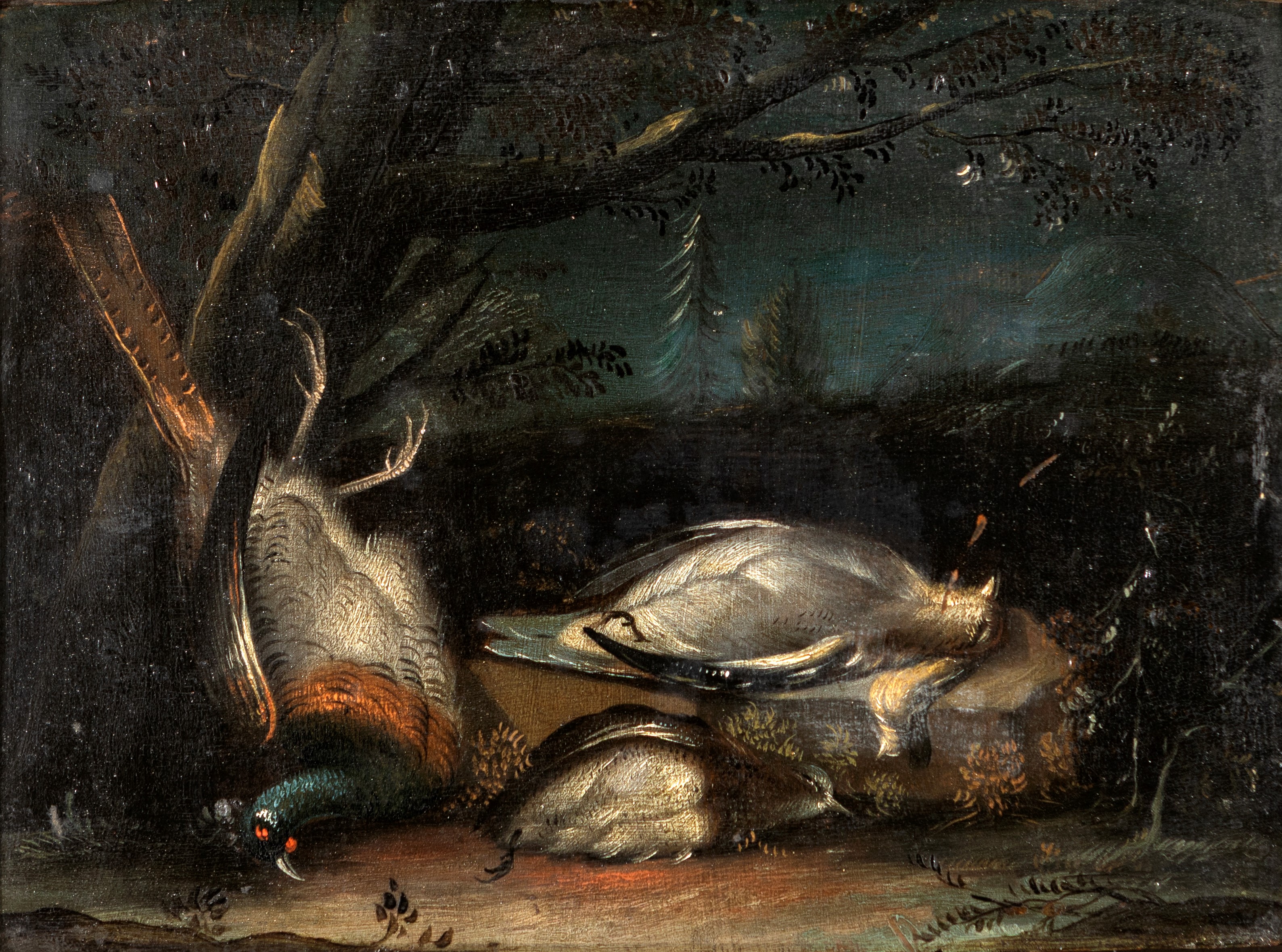 Pittore Toscano del XVIII Secolo - Coppia di nature morte con cacciagione, olio su tavola