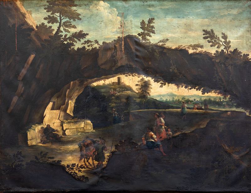 Paesaggio con rocce, contadini e asinello