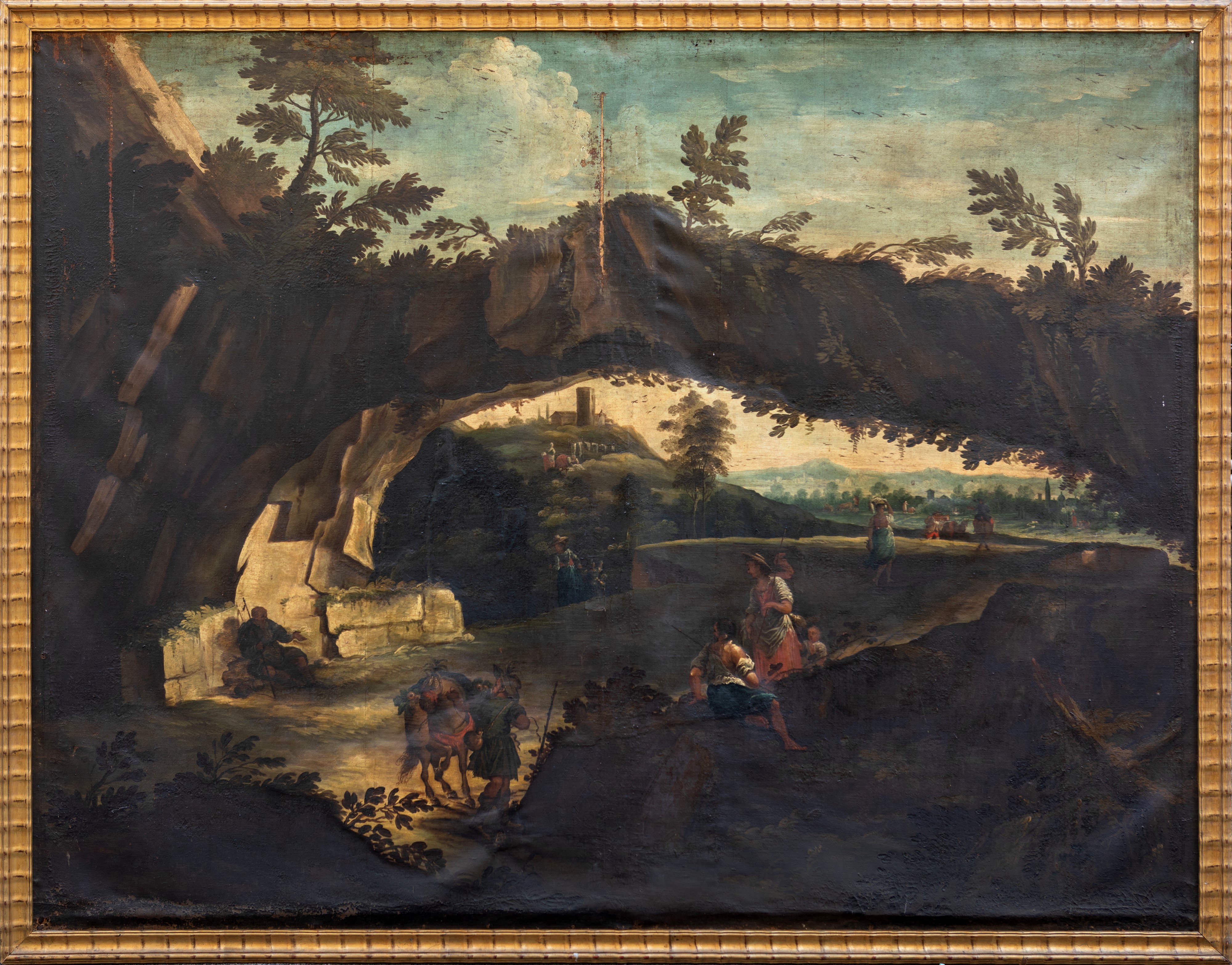 Paesaggio con rocce, contadini e asinello