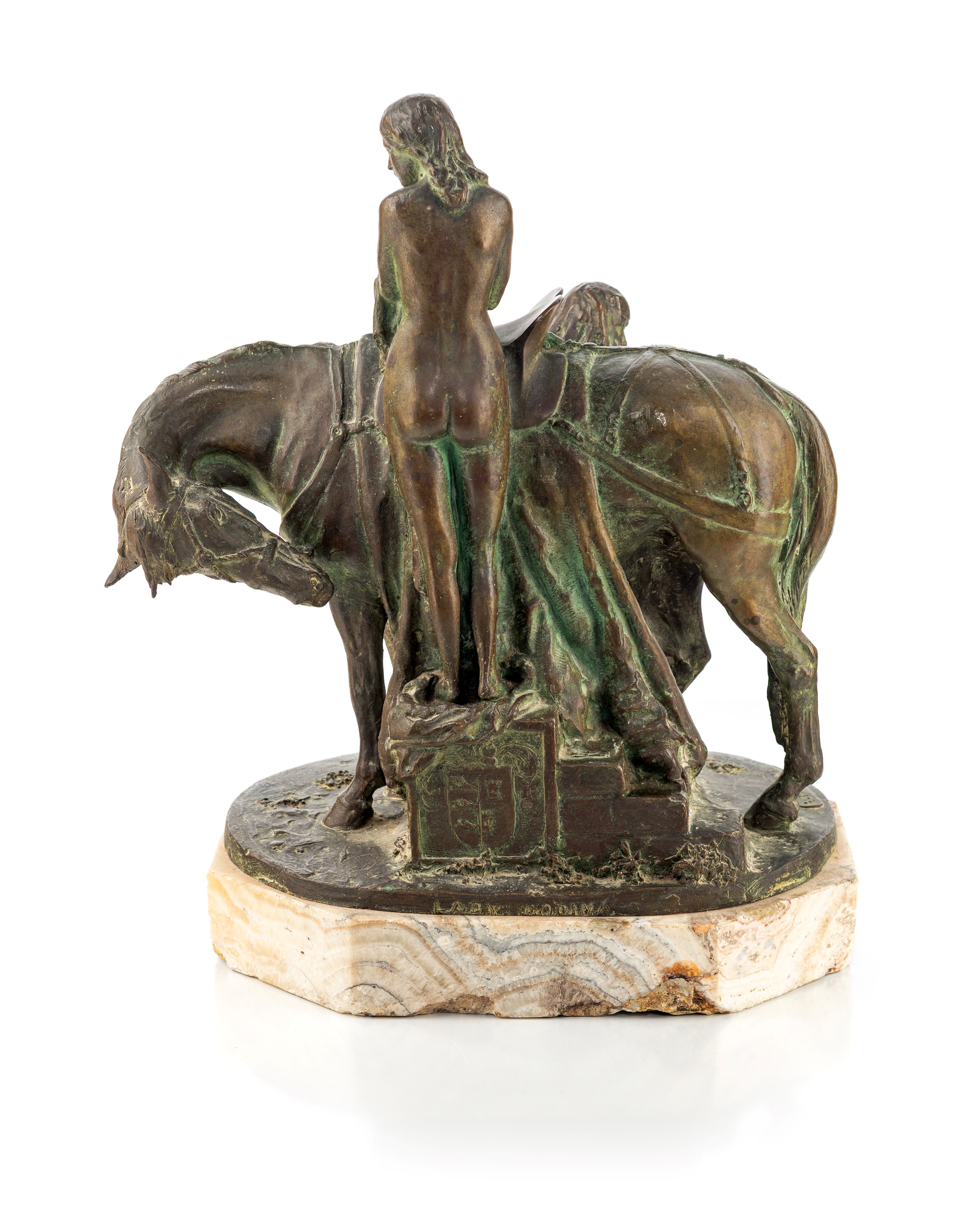 Scultura in bronzo raffigurante un'amazzone nuda a cavallo