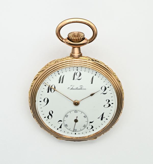 Initiative - Orologio da tasca con scappamento ad ancora spirale Breguet remontoir da uomo in oro 12Kt