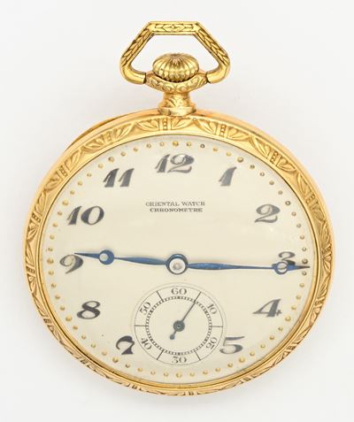 Oriental Watch Chronometre, Orologio da tasca in oro giallo 18K con scappamento ad ancora e spira...