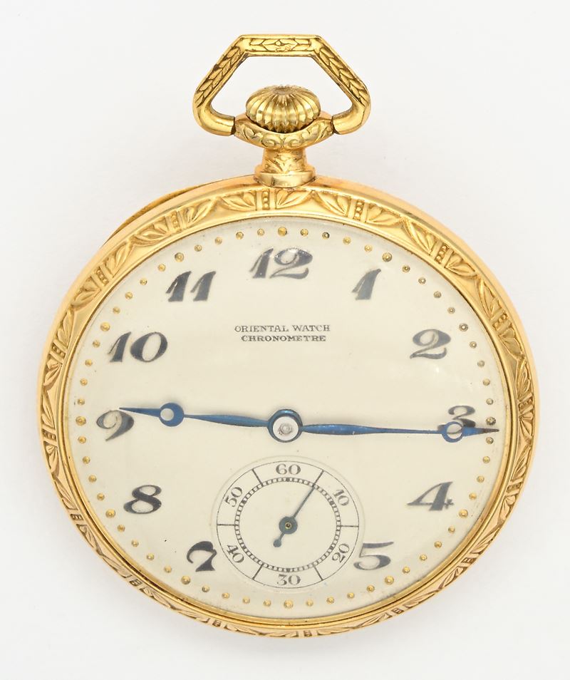 Oriental Watch Chronometre, Orologio da tasca in oro giallo 18K con scappamento ad ancora e spira...