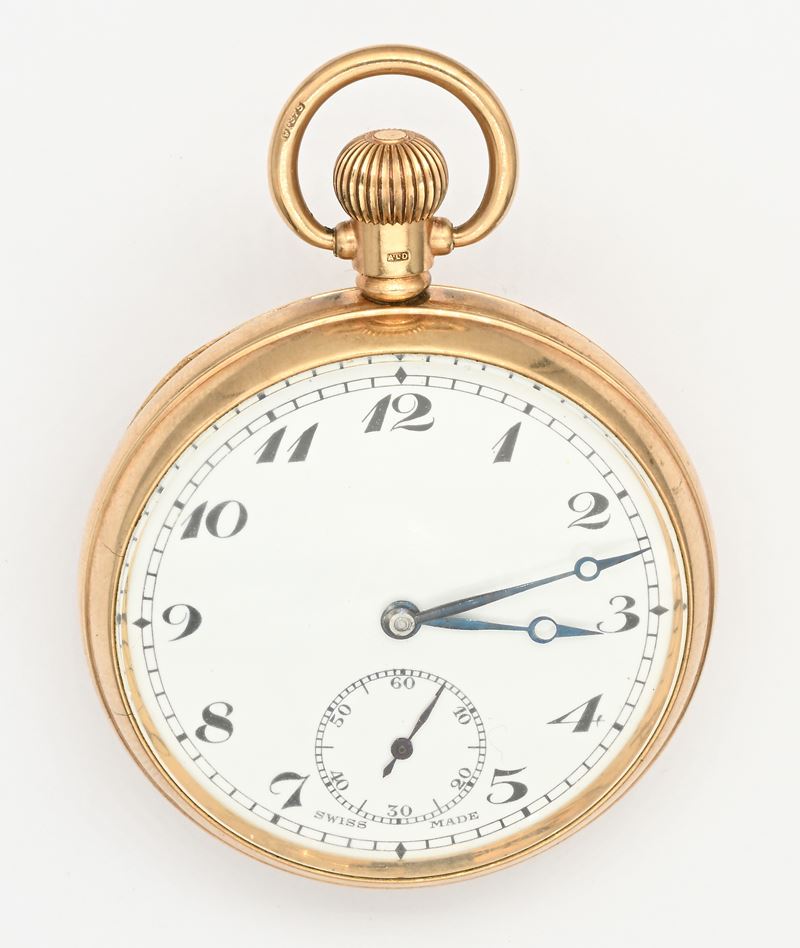 Orologio da tasca svizzero anni '30, scappamento ad ancora con spirale Breguet, oro giallo 9 Kt, ...