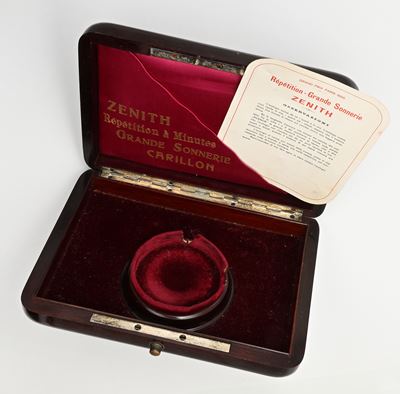 Astuccio Zenith in legno con inserto in madreperla, per orologio da tasca a ripetizione ore/quart...