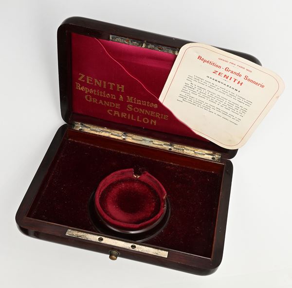 Astuccio Zenith in legno con inserto in madreperla per raro orologio da tasca Ripetizione ore/quarti/minuti 