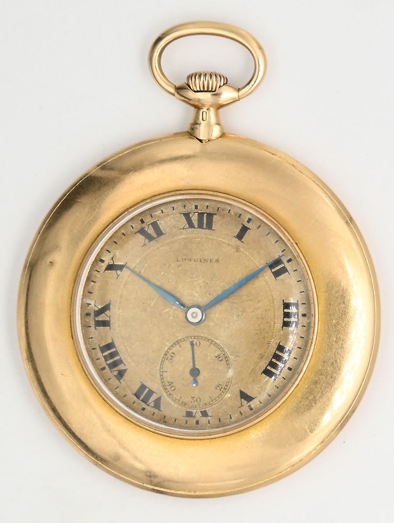 Longines, Orologio da tasca con scappamento ad ancora e spirale Breguet (remontoir) in oro giallo...
