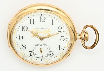 A.W.W. Co. (Waltham, Mass.), Orologio da tasca in oro 14 Kt con scappamento ad ancora spirale tip...