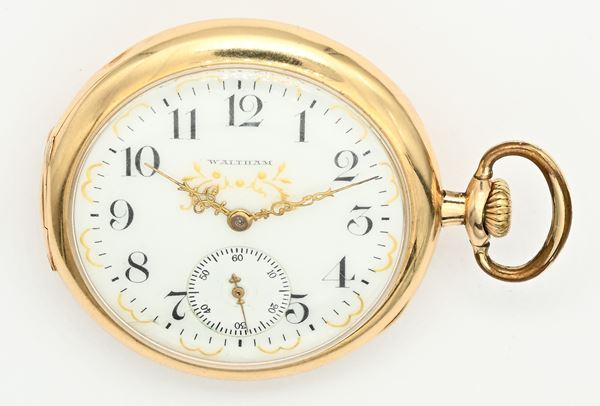 A.W.W. Co. Waltham Mass. - Orologio da tasca con scappamento ad ancora spirale Breguet remontoir da uomo in oro 14Kt
