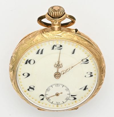 Orologio da tasca monachina con scappamento a cilindro remontoir in oro 14 Kt, diam. 33 mm