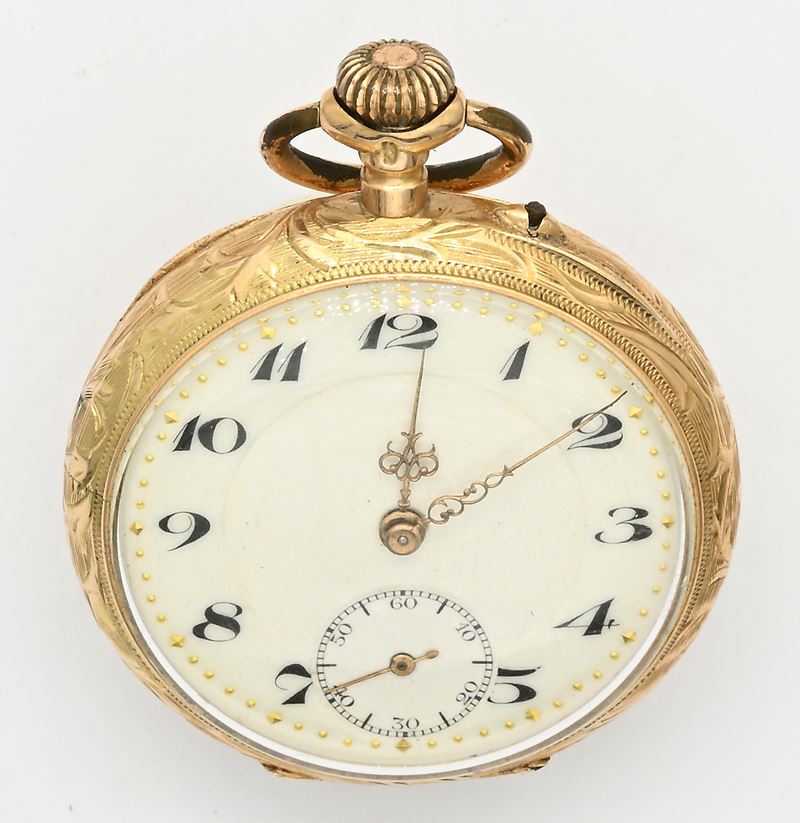 Orologio da tasca monachina con scappamento a cilindro remontoir in oro 14 Kt, diam. 33 mm