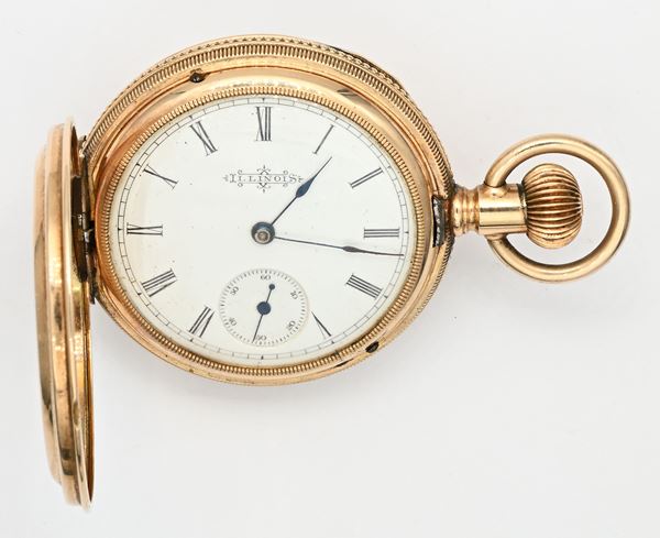 Illinois Watch Co Springfield - Orologio da tasca savonette con scappamento ad ancora spirale Breguet remontoir da uomo in oro 14Kt