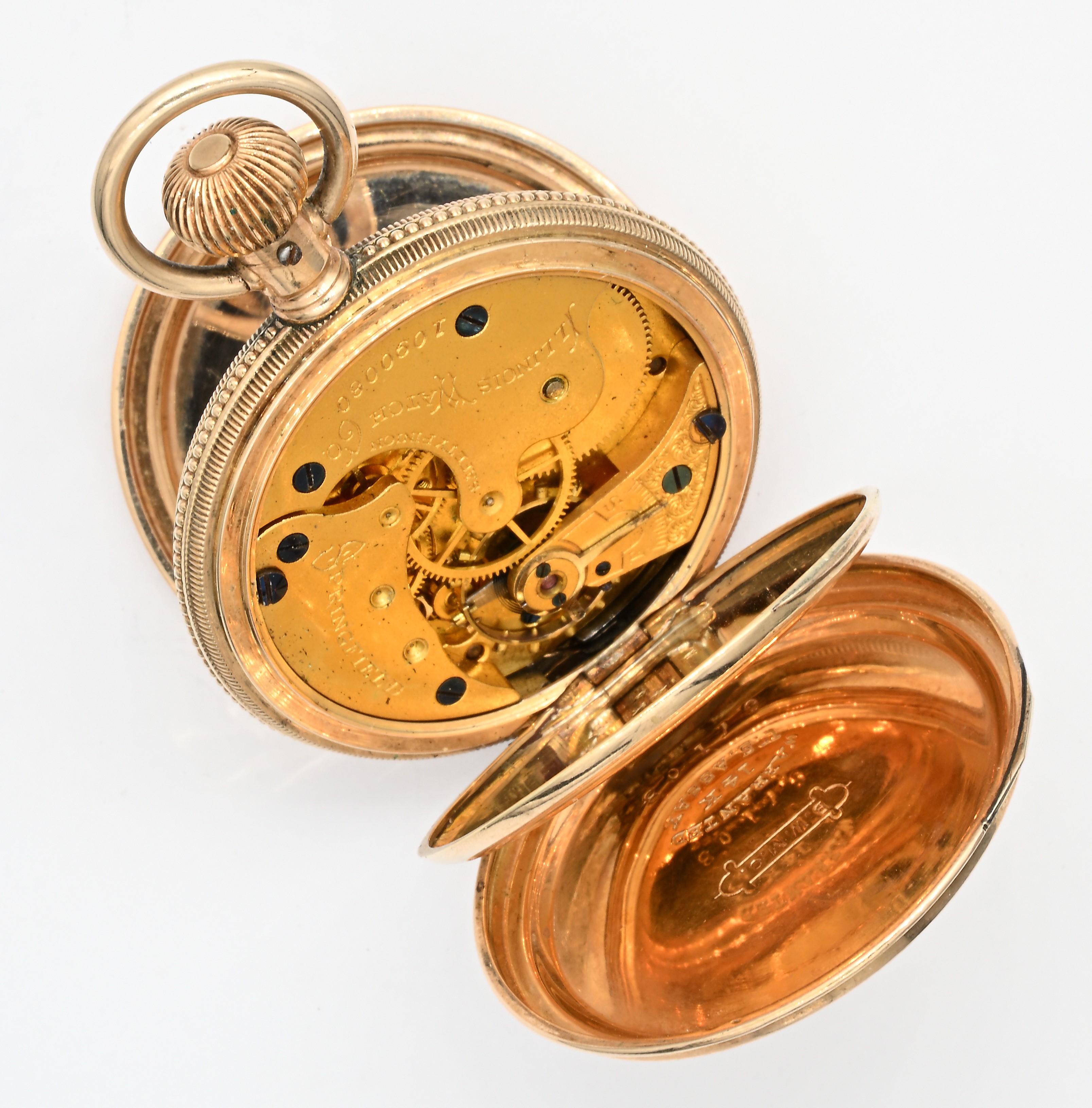 Illinois Watch Co., Orologio da tasca in oro 14K con scappamento ad ancora spirale Breguet (remon...