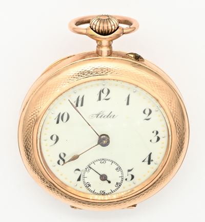 Orologio da tasca, Aida, con scappamento a cilindro e remontoir in oro 12 Kt